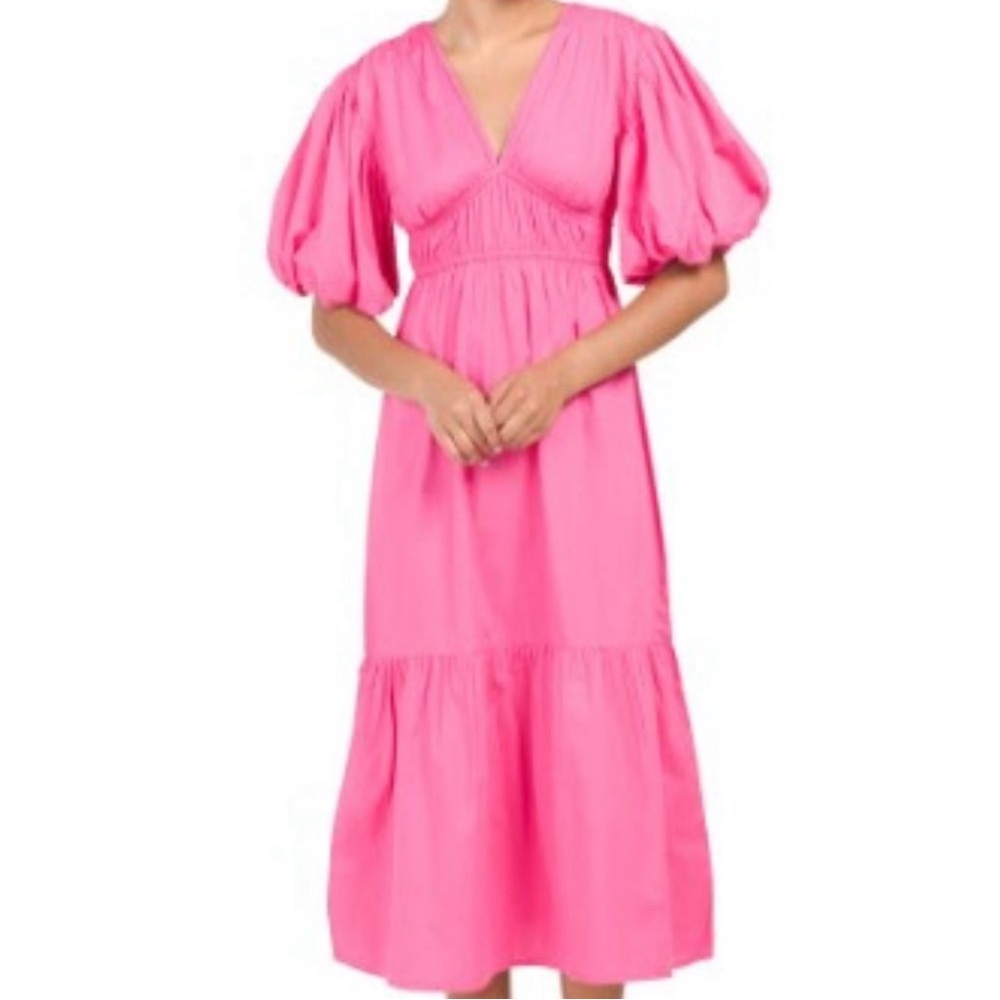 Jessica Simpson Puff Sleeve Dress Midi Cotton Size Medium Pink